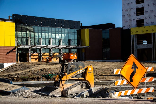 Construction continues at the Xtream Arena, GreenState Family Fieldhouse and Staybridge Suites, Thursday, April 30, 2020, in Coralville, Iowa