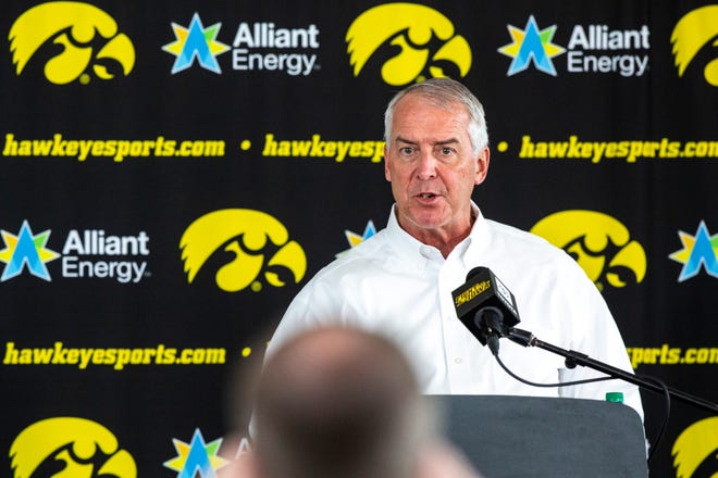 Iowa athletic director Gary Barta speaks during a news conference, Monday, June 15, 2020, at Carver-Hawkeye Arena in Iowa City, Iowa.