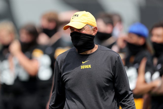 Kirk Ferentz is shown during one of the few practices Iowa football was able to hold in early August.