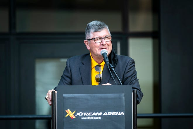 Gary Dolphin emcees a ribbon cutting event, Thursday, Sept. 17, 2020, at the Xtream Arena in Coralville, Iowa.
