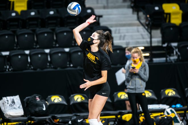 Iowa outside hitter Courtney Buzzerio participates in a practice, Thursday, Sept. 17, 2020, at the Xtream Arena in Coralville, Iowa.