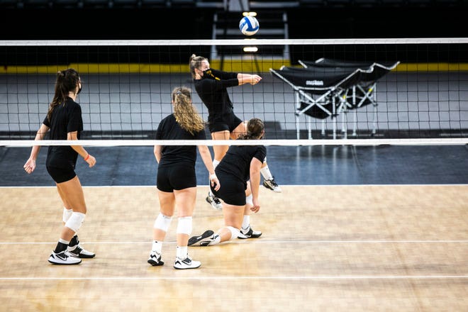Members of the Iowa volleyball team participate in a practice, Thursday, Sept. 17, 2020, at the Xtream Arena in Coralville, Iowa.
