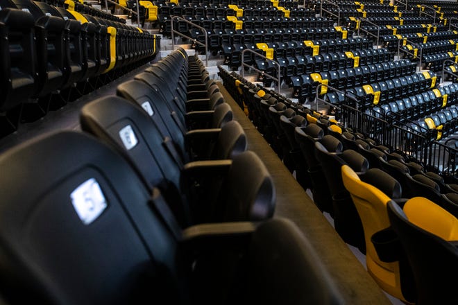 Seats in the bowl of the arena are seen, Thursday, Sept. 17, 2020, at the Xtream Arena in Coralville, Iowa.
