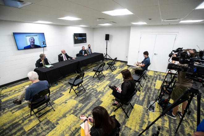 Dean MacDonald, chairman of Deacon Sports and Entertainment, speaks on a Zoom video conference during a news conference announcing a ECHL team for Coralville, Thursday, Sept. 17, 2020, at the Xtream Arena in Coralville, Iowa.