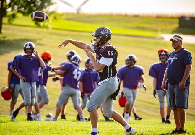 OABCIG quarterback and Iowa Hawkeyes recruit Cooper DeJean works out during practice at OABCIG high school in Ida Grove Wednesday, Sept. 23, 2020.
