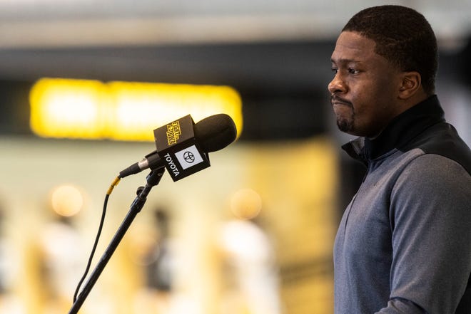 Iowa running backs coach Derrick Foster pauses while answering a question during a Hawkeye football media day news conference, Thursday, Oct. 8, 2020, at Kinnick Stadium in Iowa City, Iowa.