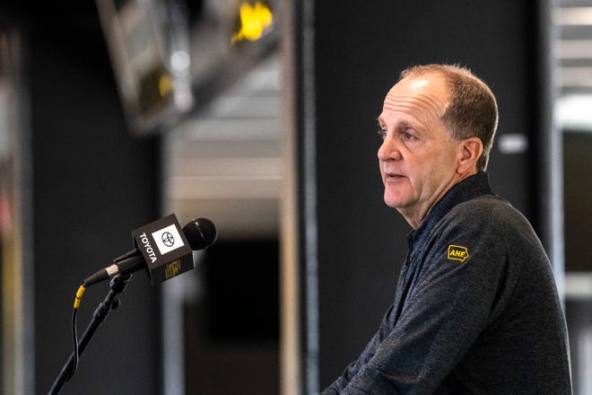 Iowa defensive coordinator Phil Parker speaks during a Hawkeye football media day news conference, Thursday, Oct. 8, 2020, at Kinnick Stadium in Iowa City, Iowa.