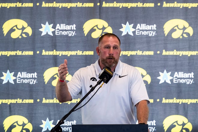Iowa offensive line coach Tim Polasek speaks during a Hawkeye football media day news conference, Thursday, Oct. 8, 2020, at Kinnick Stadium in Iowa City, Iowa.