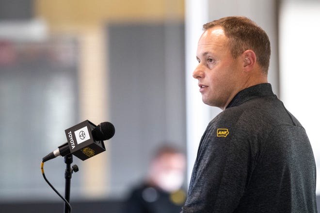 Iowa assistant defensive coordinator and linebackers coach Seth Wallace speaks during a Hawkeye football media day news conference, Thursday, Oct. 8, 2020, at Kinnick Stadium in Iowa City, Iowa.