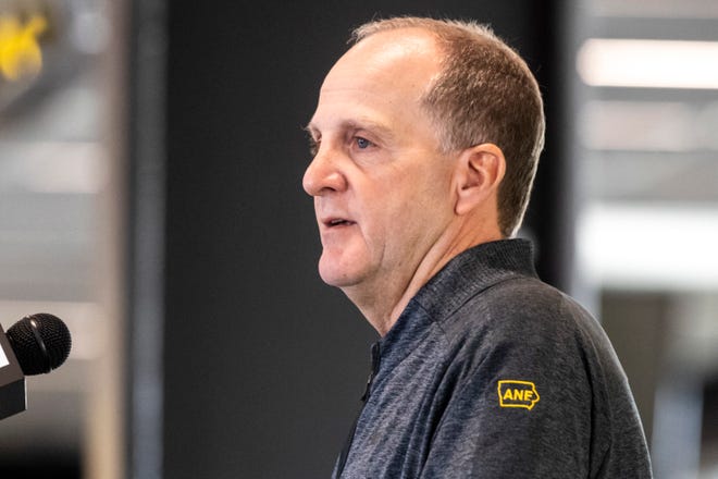 Iowa defensive coordinator Phil Parker speaks during a Hawkeye football media day news conference, Thursday, Oct. 8, 2020, at Kinnick Stadium in Iowa City, Iowa.