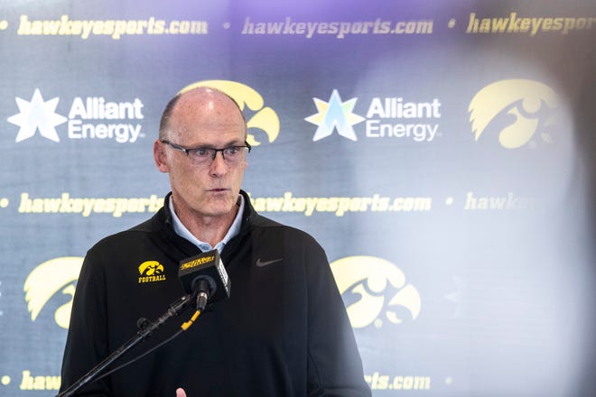 Iowa assistant defensive line coach and defensive recruiting coordinator Jay Niemann speaks during a Hawkeye football media day news conference, Thursday, Oct. 8, 2020, at Kinnick Stadium in Iowa City, Iowa.