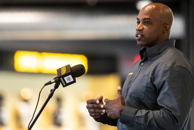Iowa wide receivers coach Kelton Copeland speaks during a Hawkeye football media day news conference, Thursday, Oct. 8, 2020, at Kinnick Stadium in Iowa City, Iowa.