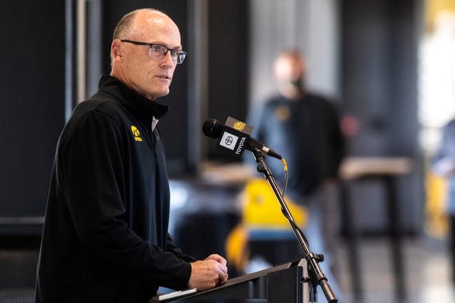 Iowa assistant defensive line coach and defensive recruiting coordinator Jay Niemann speaks during a Hawkeye football media day news conference, Thursday, Oct. 8, 2020, at Kinnick Stadium in Iowa City, Iowa.