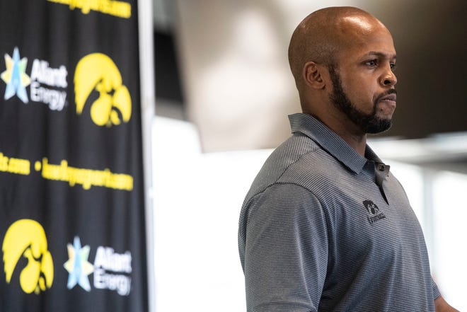 Iowa interim director of strength and conditioning Raimond Braithwaite listens to a question during a Hawkeye football media day news conference, Thursday, Oct. 8, 2020, at Kinnick Stadium in Iowa City, Iowa.