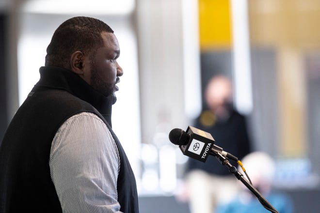 Iowa defensive line coach Kelvin Bell speaks during a Hawkeye football media day news conference, Thursday, Oct. 8, 2020, at Kinnick Stadium in Iowa City, Iowa.