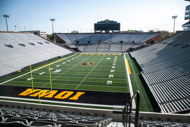 Empty stands inside Kinnick Stadium are seen during a Hawkeye football media day news conference prior to the start of the season, Thursday, Oct. 8, 2020, in Iowa City, Iowa.