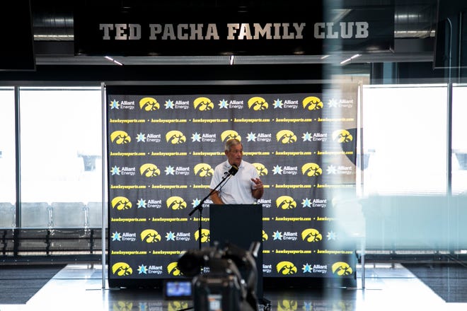 Iowa head coach Kirk Ferentz speaks during a Hawkeye football media day news conference, Thursday, Oct. 8, 2020, at Kinnick Stadium in Iowa City, Iowa.