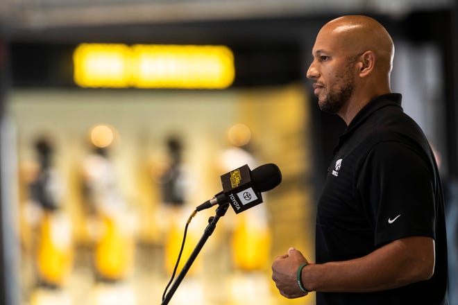 Iowa special teams coordinator LeVar Woods speaks during a Hawkeye football media day news conference, Thursday, Oct. 8, 2020, at Kinnick Stadium in Iowa City, Iowa.