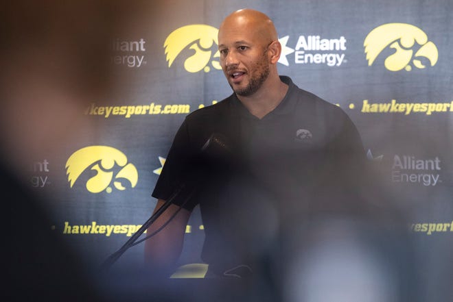 Iowa special teams coordinator LeVar Woods speaks during a Hawkeye football media day news conference, Thursday, Oct. 8, 2020, at Kinnick Stadium in Iowa City, Iowa.
