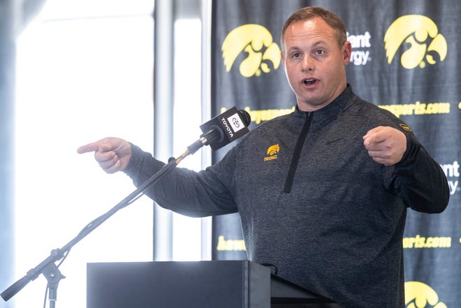 Iowa assistant defensive coordinator and linebackers coach Seth Wallace speaks during a Hawkeye football media day news conference, Thursday, Oct. 8, 2020, at Kinnick Stadium in Iowa City, Iowa.