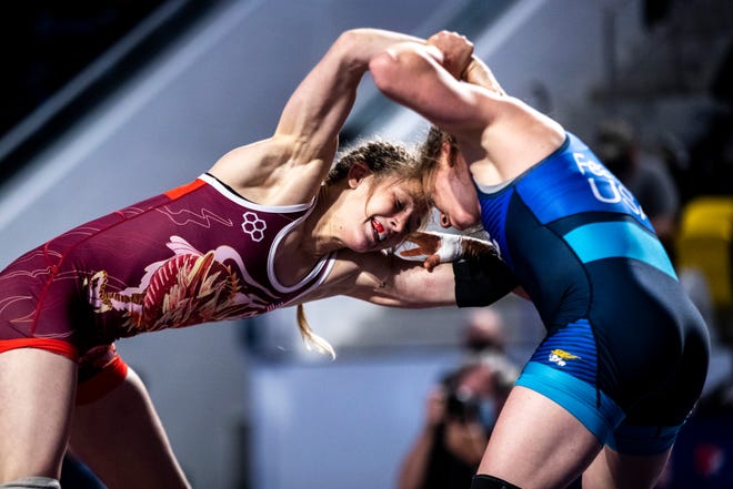 Sarah Hildebrandt, left, wrestles Amy Fearnside in the 50kg final during the USA Wrestling Senior National Championships, Friday, Oct. 9, 2020, at the Xtream Arena in Coralville, Iowa.