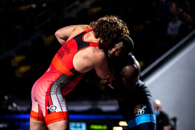 Kendrick Sanders, right, wrestles Pat Smith in the 77kg final during the USA Wrestling Senior National Championships, Friday, Oct. 9, 2020, at the Xtream Arena in Coralville, Iowa.