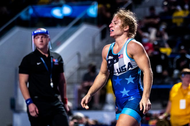 Lauren Louive reacts after winning the 57kg final during the USA Wrestling Senior National Championships, Friday, Oct. 9, 2020, at the Xtream Arena in Coralville, Iowa.