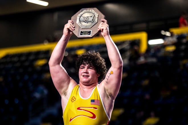 Cohlton Schultz celebrates after winning the 130kg final during the USA Wrestling Senior National Championships, Friday, Oct. 9, 2020, at the Xtream Arena in Coralville, Iowa.