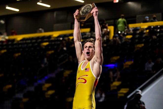 Benji Peak celebrates his victory in the 57kg final during the USA Wrestling Senior National Championships, Friday, Oct. 9, 2020, at the Xtream Arena in Coralville, Iowa.