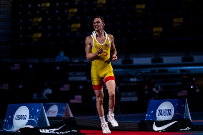 Benji Peak is introduced before the 67kg final during the USA Wrestling Senior National Championships, Friday, Oct. 9, 2020, at the Xtream Arena in Coralville, Iowa.