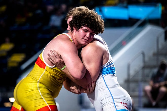 Cohlton Schultz, left, wrestles West Cathcart in the 130kg final during the USA Wrestling Senior National Championships, Friday, Oct. 9, 2020, at the Xtream Arena in Coralville, Iowa.