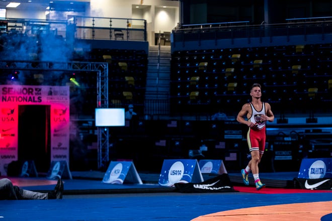 Alex Thomsen is introduced before his 60kg final match during the USA Wrestling Senior National Championships, Friday, Oct. 9, 2020, at the Xtream Arena in Coralville, Iowa.