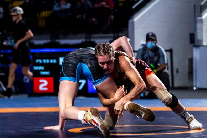 Katherine Shai, right, wrestles Ronna Heaton in the 53kg final during the USA Wrestling Senior National Championships, Friday, Oct. 9, 2020, at the Xtream Arena in Coralville, Iowa.