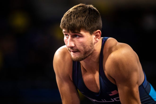 Drew Foster wrestles at 86 kg during the USA Wrestling Senior National Championships, Saturday, Oct. 10, 2020, at the Xtream Arena in Coralville, Iowa.