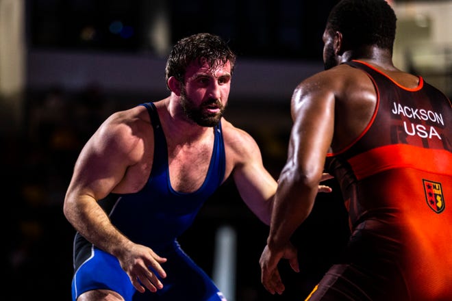 Gabe Dean, left, wrestles Nate Jackson in the 86 kg final during the USA Wrestling Senior National Championships, Sunday, Oct. 11, 2020, at the Xtream Arena in Coralville, Iowa.