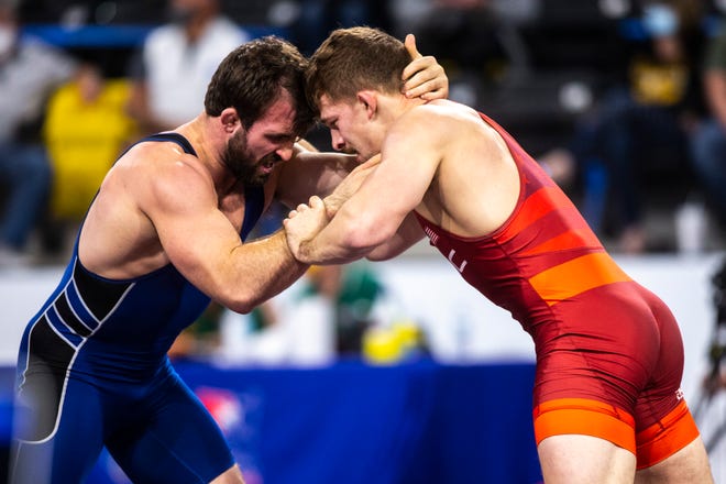 Taylor Lujan wrestles Gabe Dean at 86 kg during the USA Wrestling Senior National Championships, Saturday, Oct. 10, 2020, at the Xtream Arena in Coralville, Iowa.