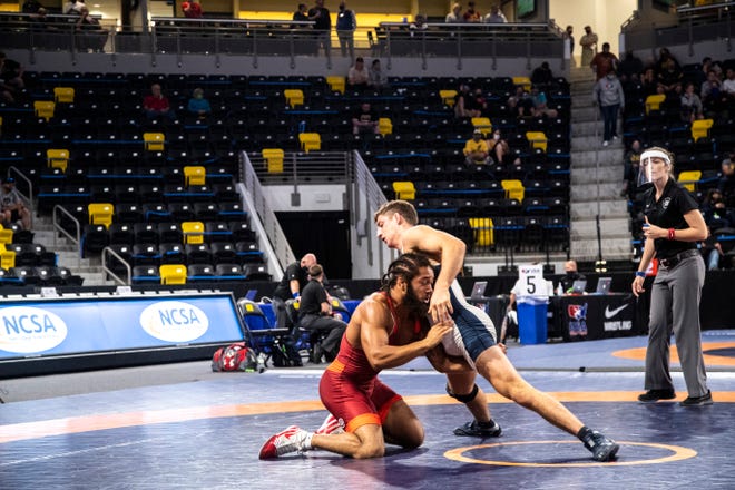 Jeremiah Moody wrestles Jarrett Jacques at 74 kg during the USA Wrestling Senior National Championships, Saturday, Oct. 10, 2020, at the Xtream Arena in Coralville, Iowa.