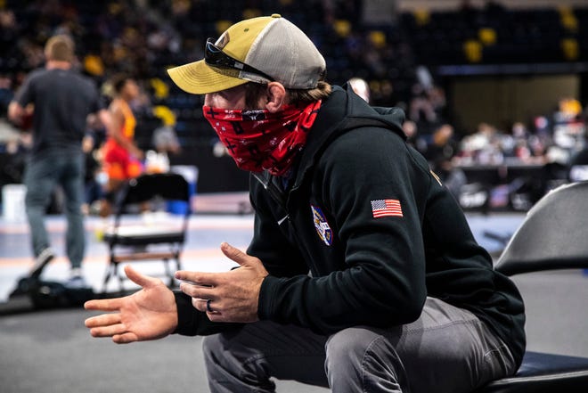 Hawkeye Wrestling Club coach Dan Dennis calls out instructions to a wrestler during the USA Wrestling Senior National Championships, Saturday, Oct. 10, 2020, at the Xtream Arena in Coralville, Iowa.