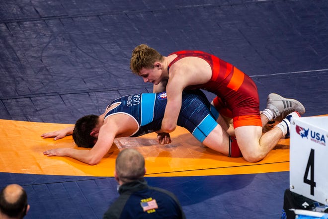 Brody Teske, right, wrestles Jeremiah Reno at 57 kg during the USA Wrestling Senior National Championships, Saturday, Oct. 10, 2020, at the Xtream Arena in Coralville, Iowa.