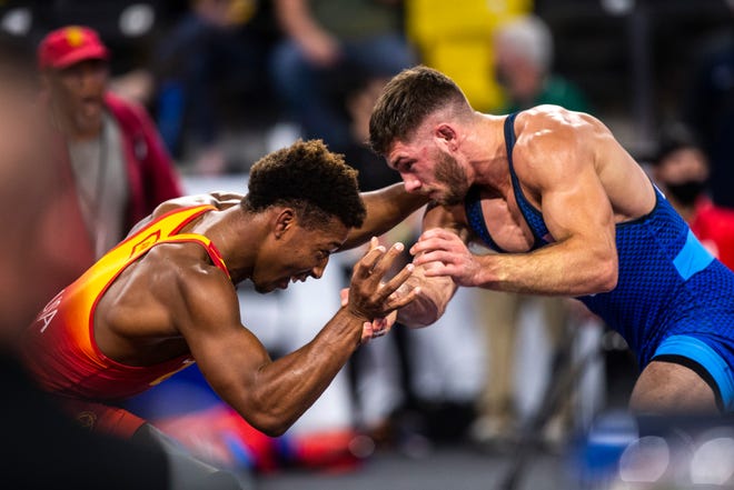 David Carr, left, wrestles Ryan Deakin at 74 kg during the USA Wrestling Senior National Championships, Saturday, Oct. 10, 2020, at the Xtream Arena in Coralville, Iowa.
