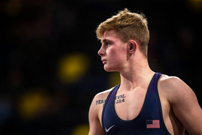 Brody Teske gets ready before a match at 57 kg during the USA Wrestling Senior National Championships, Saturday, Oct. 10, 2020, at the Xtream Arena in Coralville, Iowa.