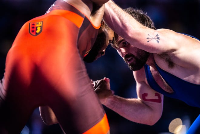 Gabe Dean, right, wrestles Nate Jackson in the 86 kg final during the USA Wrestling Senior National Championships, Sunday, Oct. 11, 2020, at the Xtream Arena in Coralville, Iowa.