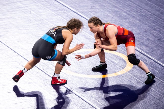 Emma Cochran, left, wrestles Amy Fearnside at 50 kg during the USA Wrestling Senior National Championships, Friday, Oct. 9, 2020, at the Xtream Arena in Coralville, Iowa.
