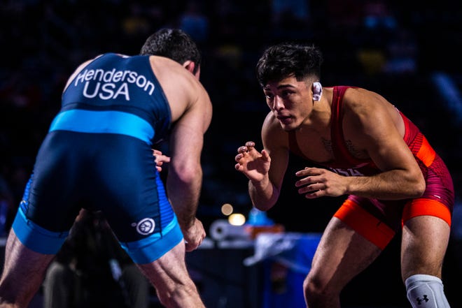 Andrew Alirez, right, wrestles Evan Henderson in the 65 kg final during the USA Wrestling Senior National Championships, Sunday, Oct. 11, 2020, at the Xtream Arena in Coralville, Iowa.