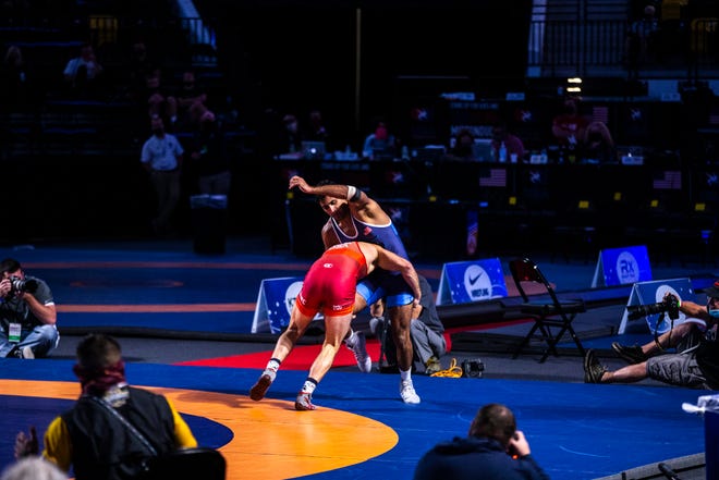 Logan Massa, left, wrestles Anthony Valencia in the 74 kg final during the USA Wrestling Senior National Championships, Sunday, Oct. 11, 2020, at the Xtream Arena in Coralville, Iowa.