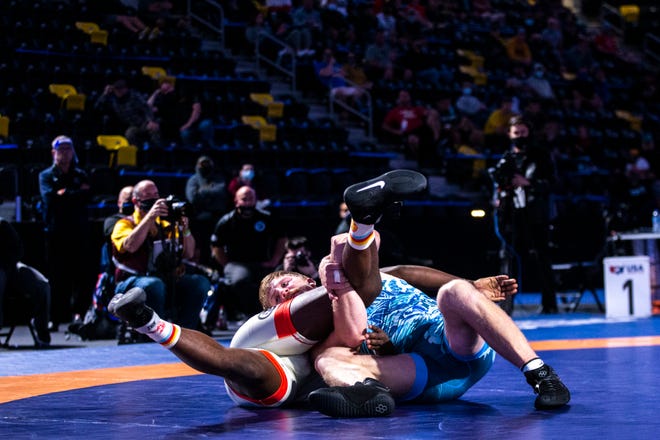 Kollin Moore, right, wrestles Kyven Gadson in the 97 kg final during the USA Wrestling Senior National Championships, Sunday, Oct. 11, 2020, at the Xtream Arena in Coralville, Iowa.