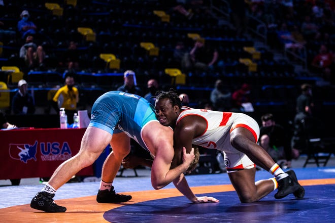 Kyven Gadson, right, wrestles Kollin Moore in the 97 kg final during the USA Wrestling Senior National Championships, Sunday, Oct. 11, 2020, at the Xtream Arena in Coralville, Iowa.