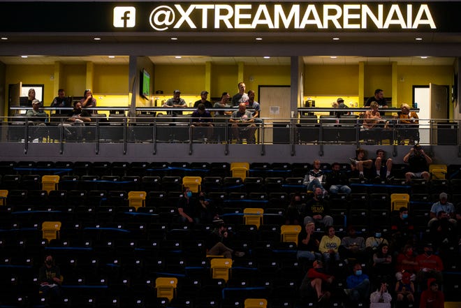 Fans sit in box suites during the USA Wrestling Senior National Championships, Sunday, Oct. 11, 2020, at the Xtream Arena in Coralville, Iowa.