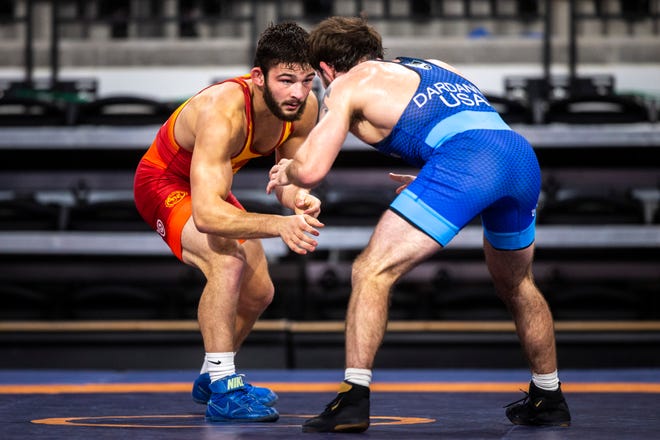 Ian Parker, left, wrestles Nicholas Dardanes at 65 kg during the USA Wrestling Senior National Championships, Saturday, Oct. 10, 2020, at the Xtream Arena in Coralville, Iowa.