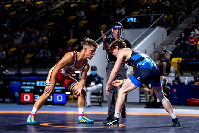 Alex Thomsen, left, wrestles Mosha Schwartz in the 60kg final during the USA Wrestling Senior National Championships, Friday, Oct. 9, 2020, at the Xtream Arena in Coralville, Iowa.